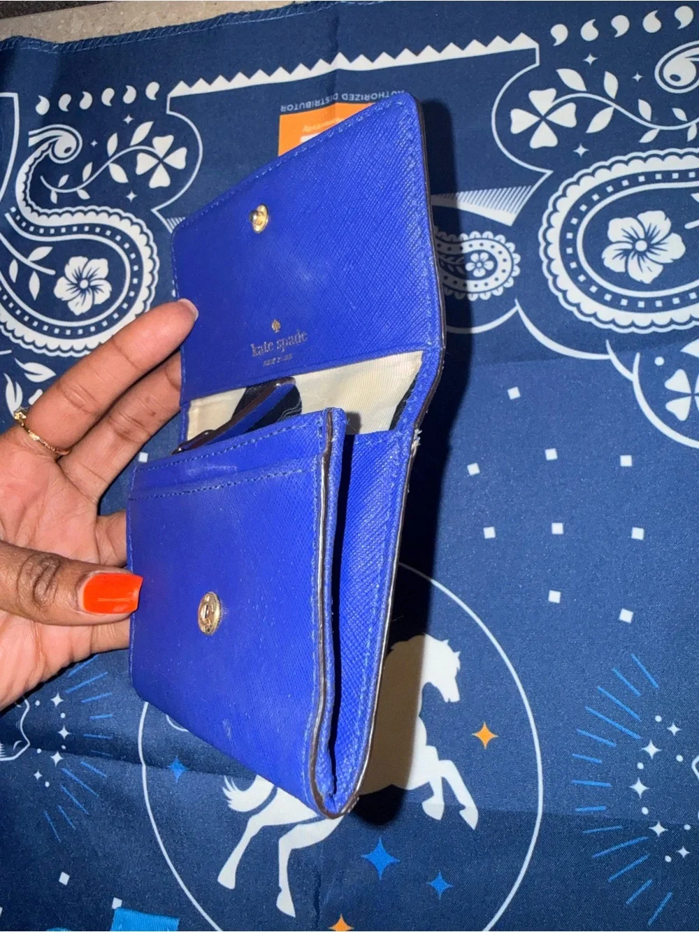 kate spade Blue Saffiano Leather Compact Wallet with Gold Logo